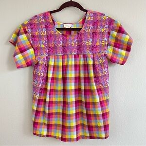 Layerz Clothing Floral Embroidery‎ Multicolor Plaid Short Sleeve Blouse Size S
